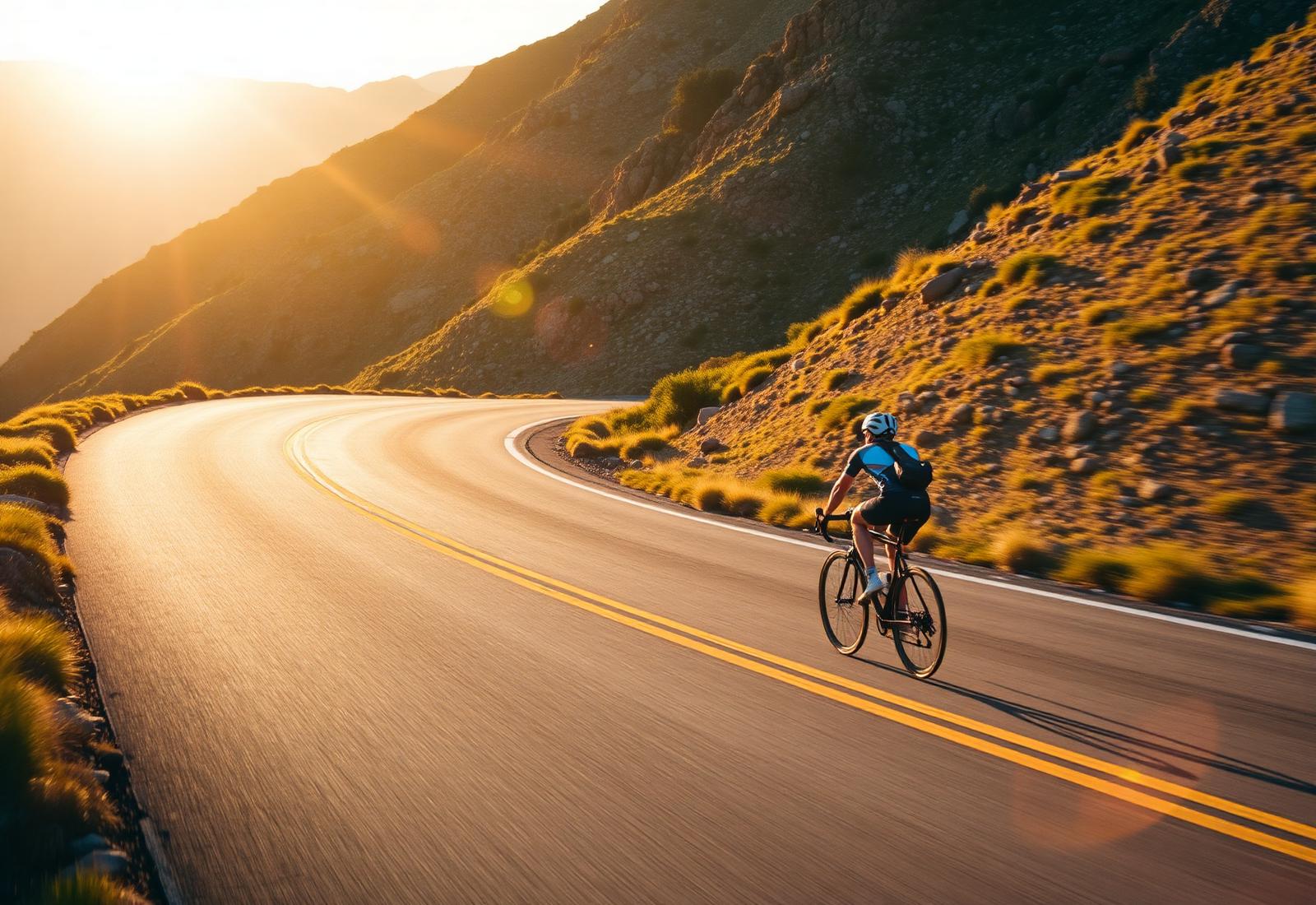 Cyclist on a mountain road at golden hour