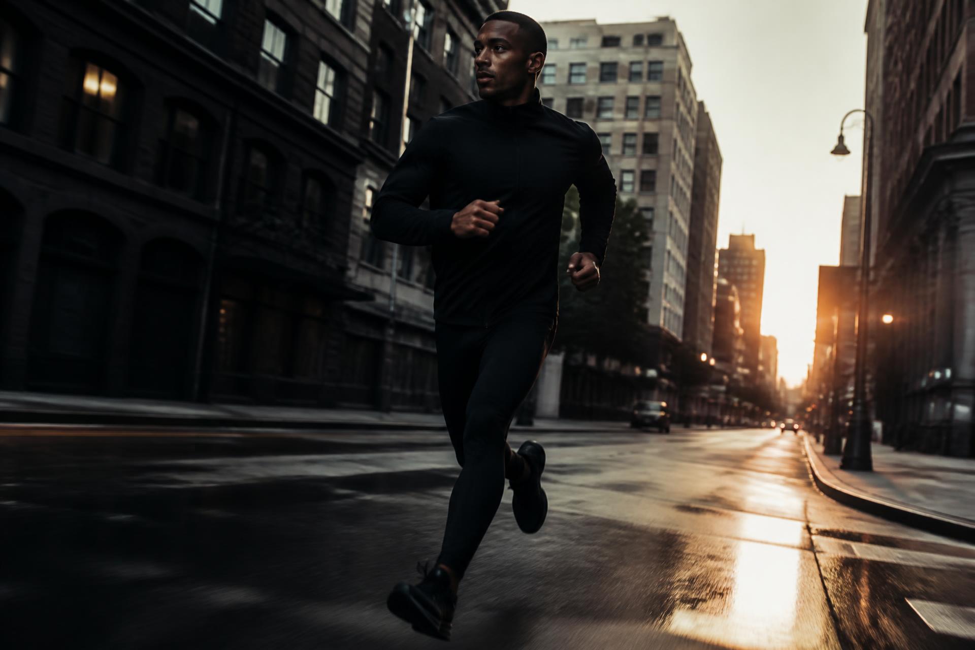 Runner sprinting through an empty city street at dawn