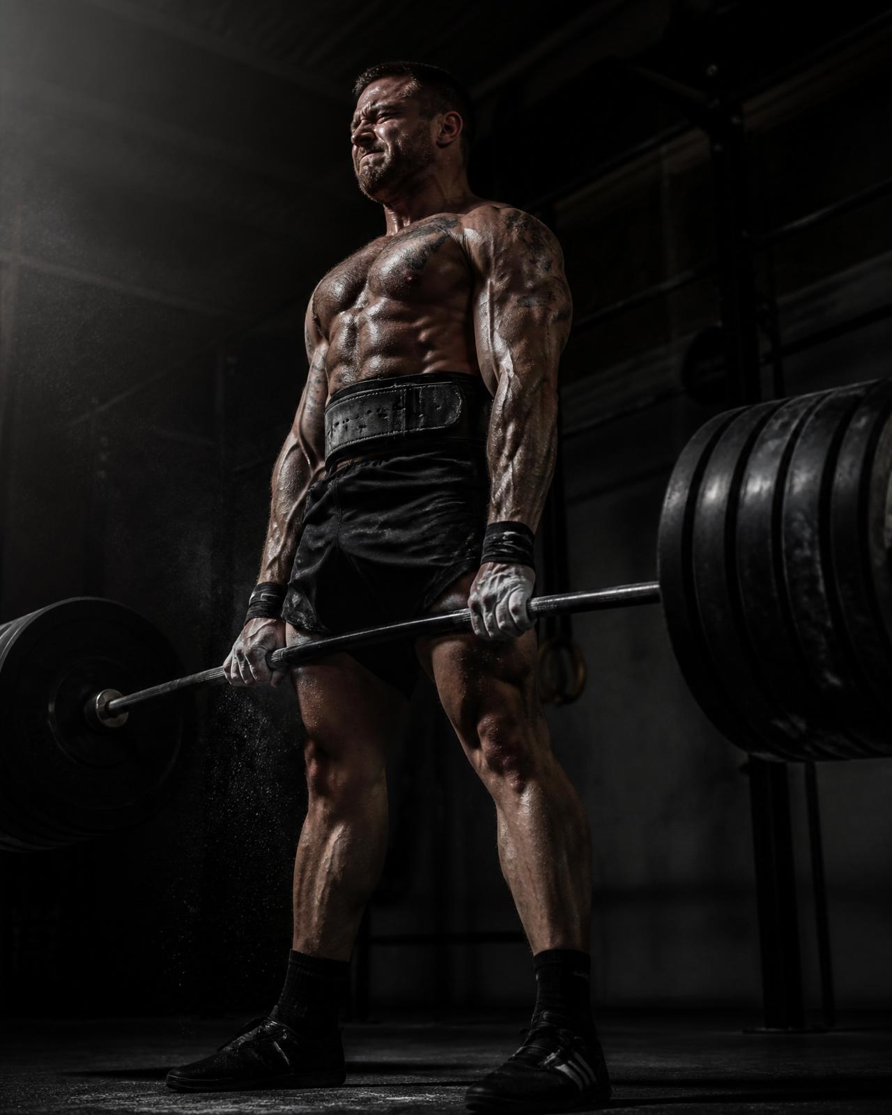 Athlete deadlifting in a dark industrial gym