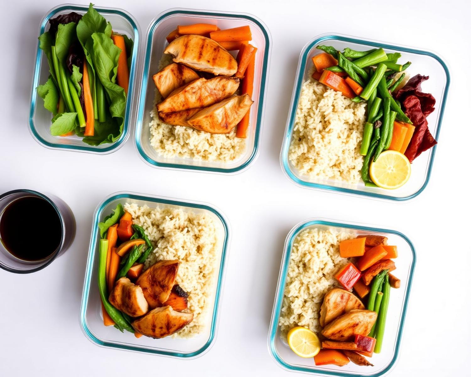 Healthy meal prep containers on a white surface