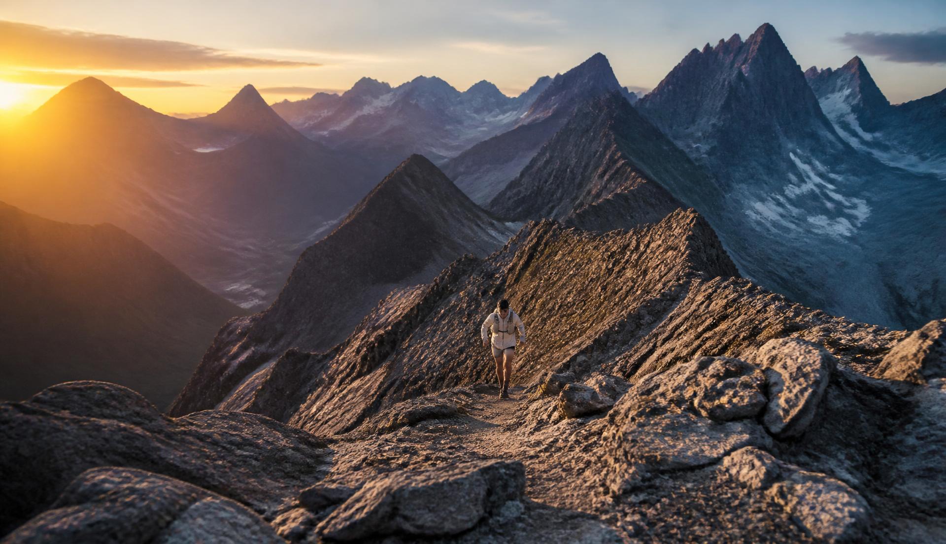 Trail runner ascending an alpine ridge at sunrise
