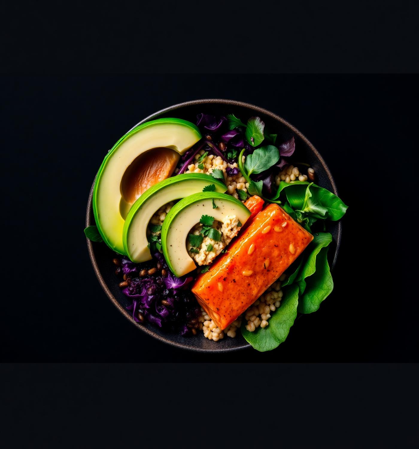 Vibrant healthy power bowl shot from above