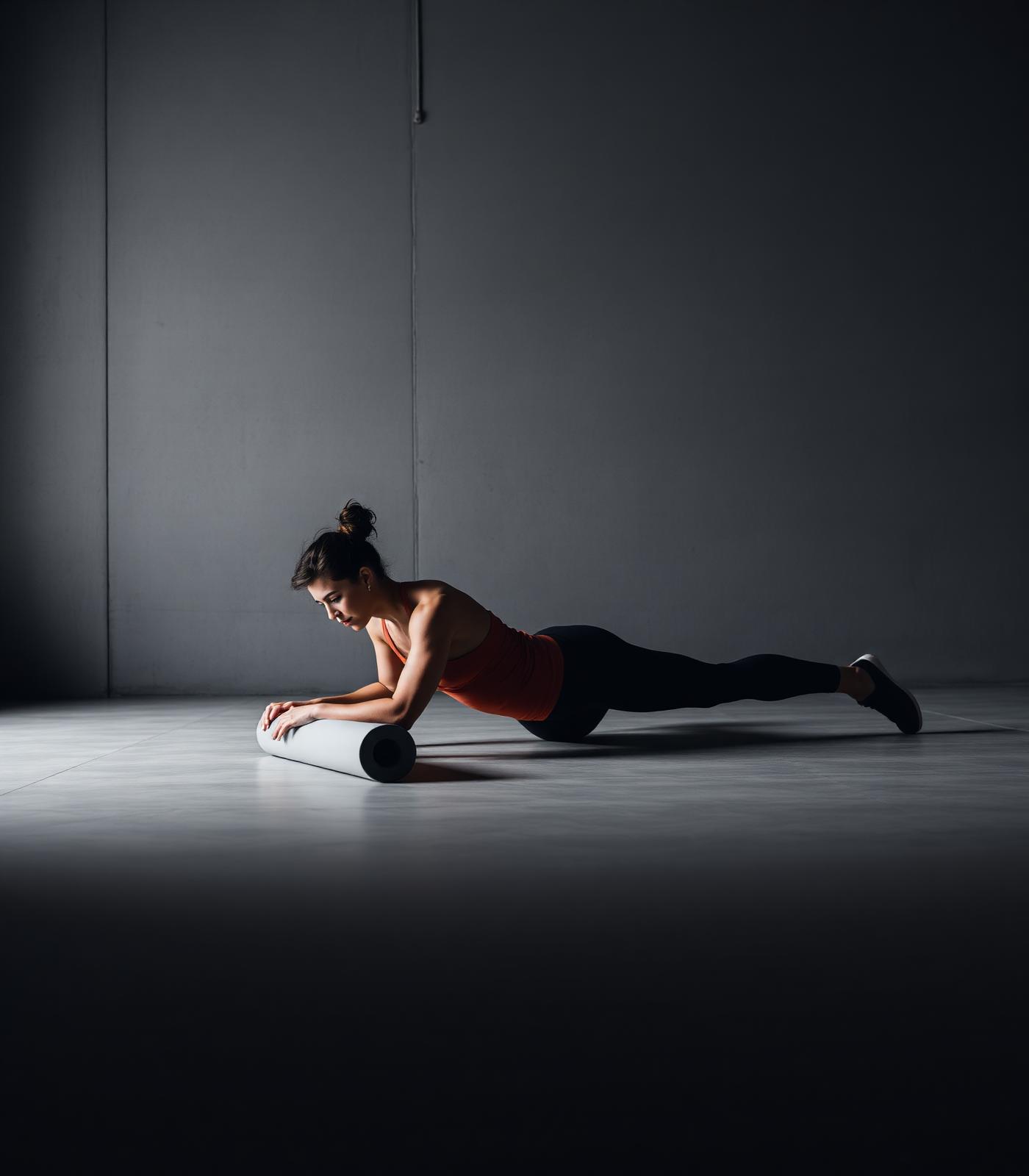 Athlete foam rolling in a minimal concrete studio